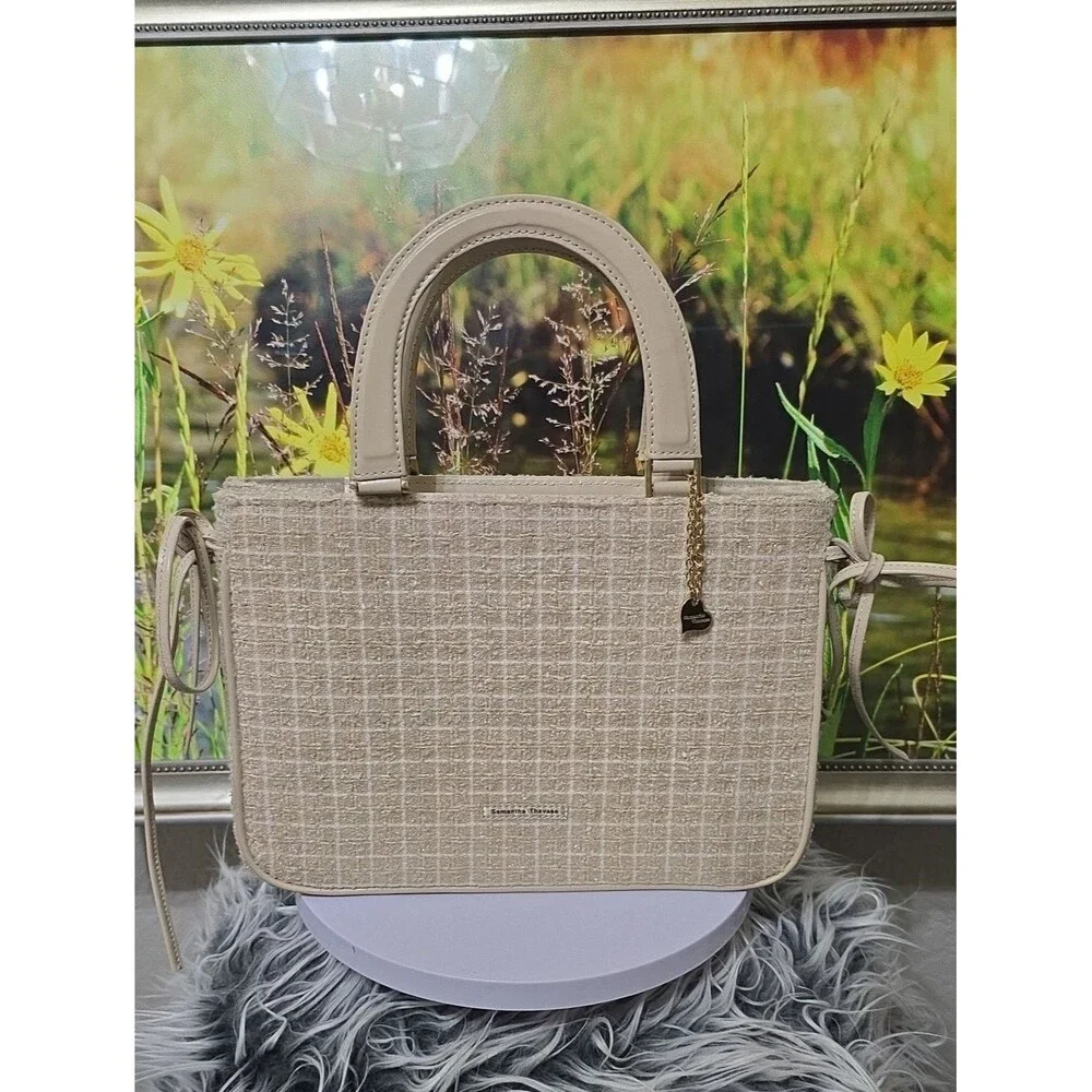 Samantha Thavasa Tweed Satchel Bag Heart Charm Mirror Pouch Expandable Tote